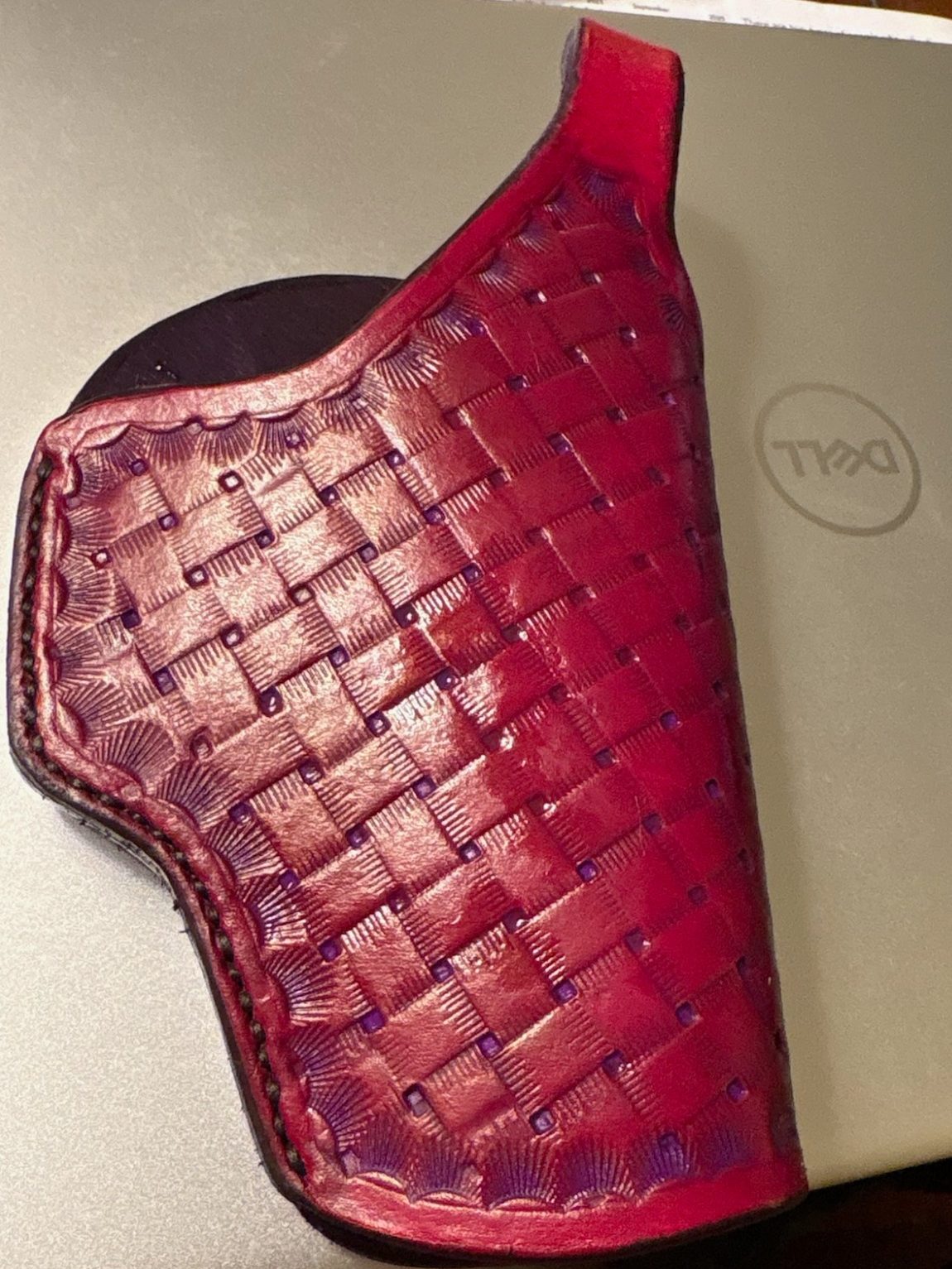 Herman Oak lined basketweave holster for S&W 40 Red with Purple Antiquing